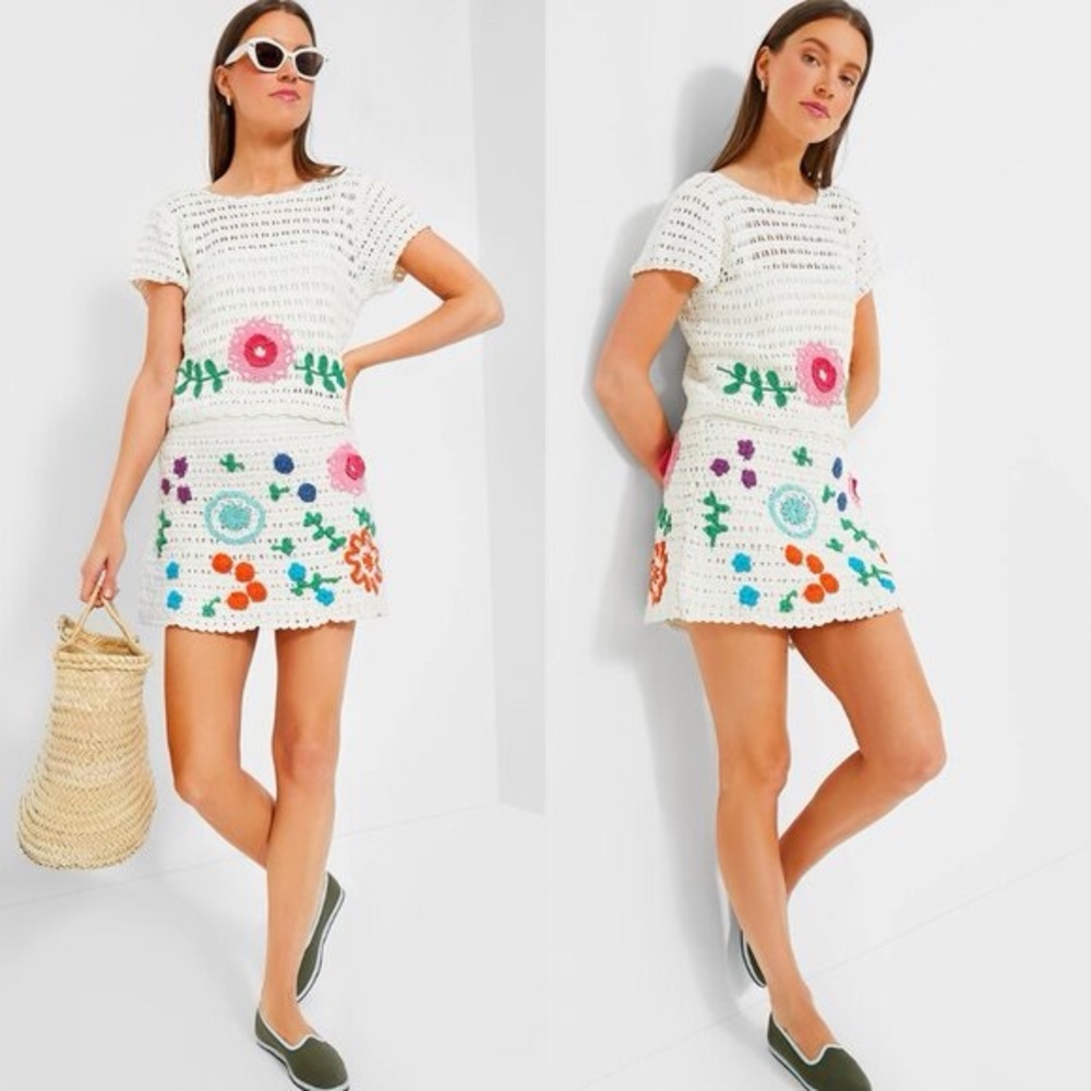 White Crochet Skirt and Too Set with Multicolor Floral Embroidery